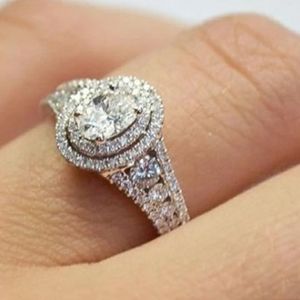 Oval Cut White Sapphire 925 Sterling Silver Double Halo Engagement Ring